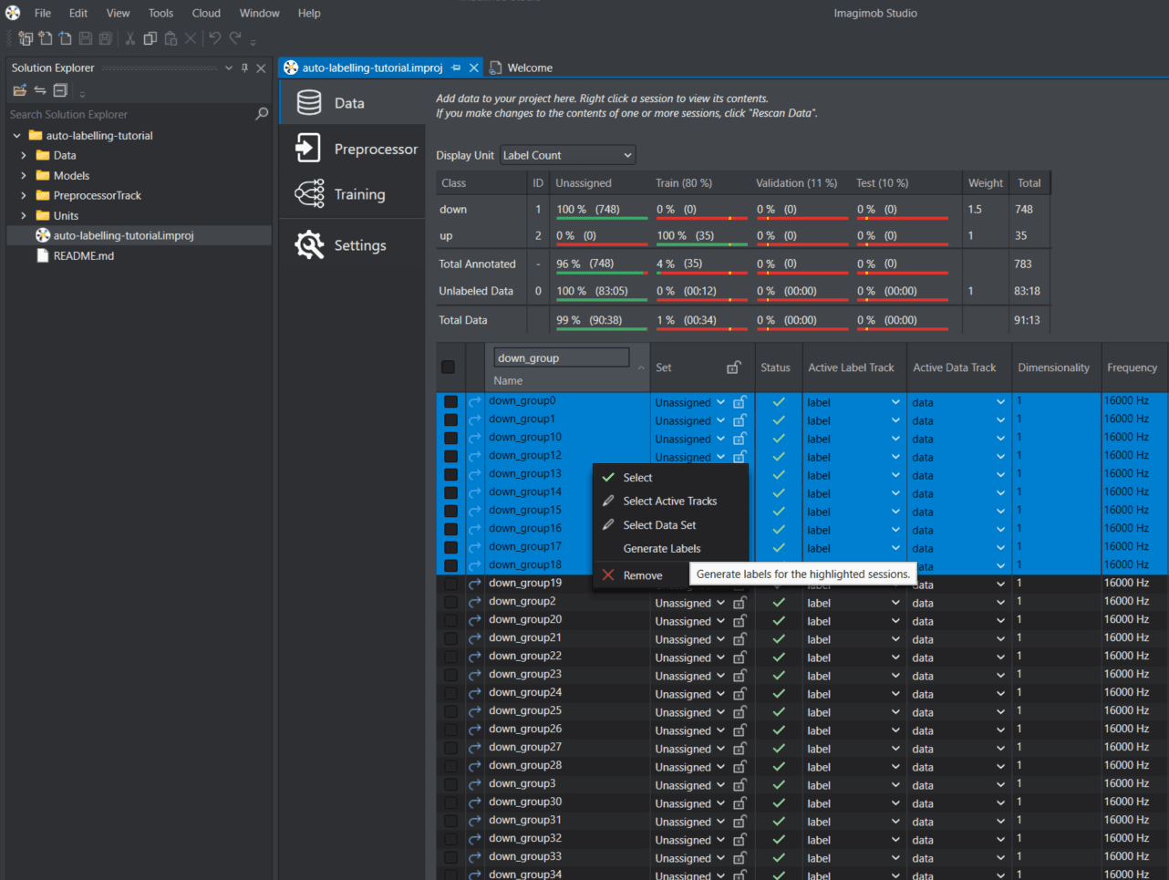 select sessions to generate labels for